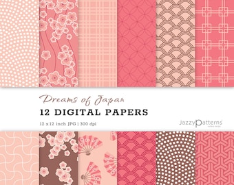 May include: Twelve digital papers featuring Japanese-inspired patterns in pink, red, brown, and white. The patterns include cherry blossoms, fans, geometric shapes, and polka dots. The papers are 12 inches by 12 inches and 300 dpi.