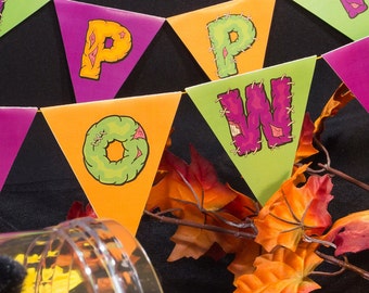 Halloween banner, zombie stitches letters, printable party decoration in orange, green and purple, DIY printable instant download