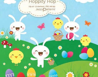 Conjunto de imágenes prediseñadas de Pascua, estilo kawaii, archivos PNG con fondo transparente, descarga instantánea