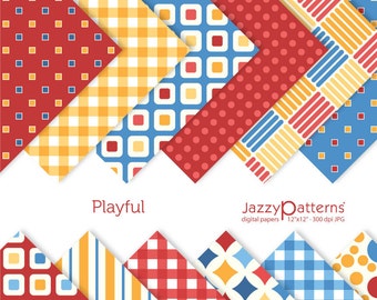 Peut inclure: Un ensemble de 10 papiers numériques avec des motifs géométriques ludiques en rouge, jaune, bleu et blanc. Les motifs comprennent du vichy, des pois, des rayures et des carrés. Les papiers mesurent 30,5 x 30,5 cm et 300 dpi.