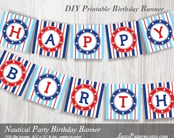 DIY Nautical Happy Birthday Banner in red and blue PB010 instant download printable banner