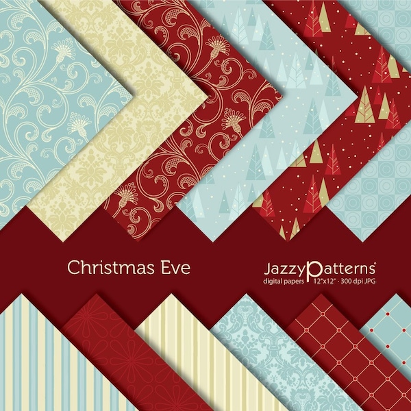 Christmas digital papers in red, pale blue and golden beige for scrapbooking, paper crafts, home decor, instant download, JPEG