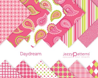 Papeles digitales de cachemira en rosa y verde lima, descarga instantánea.