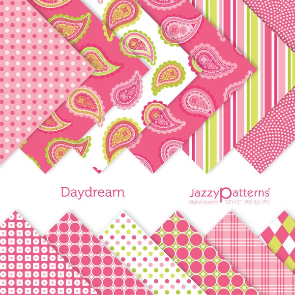 Papiers digitaux Paisley en rose et vert lime, pour le scrapbooking digital, emballage cadeau imprimable, décor à la maison, téléchargement immédiat