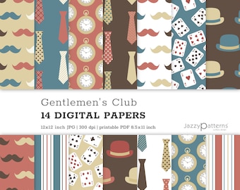 Fathers Day digital papers for scrapbooking, playing cards, pocket watch, cravat, hats, instant download