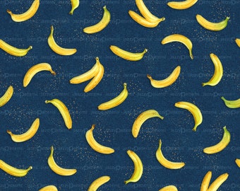 Seamless bananas on blue denim background, all over print, instant download