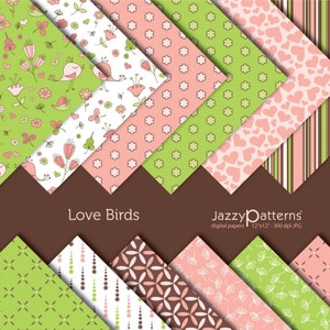 Carte digitali Love Birds per scrapbooking, uccelli, fiori, cuori sfondo, per feste e decorazioni per la casa, stampabile download immediato