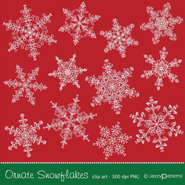 Snowflakes clipart, ornate and lacy, white and black filigree ornament, printable instant download