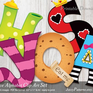 Alice illustrated letters clipart for classroom decoration, custom Wonderland illustrated birthday banner DIY, printable alphabet download image 1