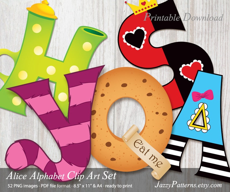 Alice illustrated letters clipart for classroom decoration, custom Wonderland illustrated birthday banner DIY, printable alphabet download image 1