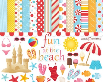 Beach clipart and digital papers, summer backgrounds, instant download
