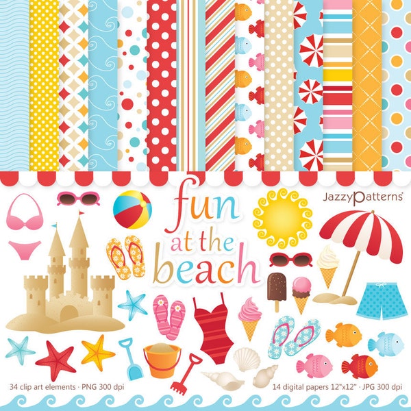 Beach clipart and digital papers, summer backgrounds, instant download