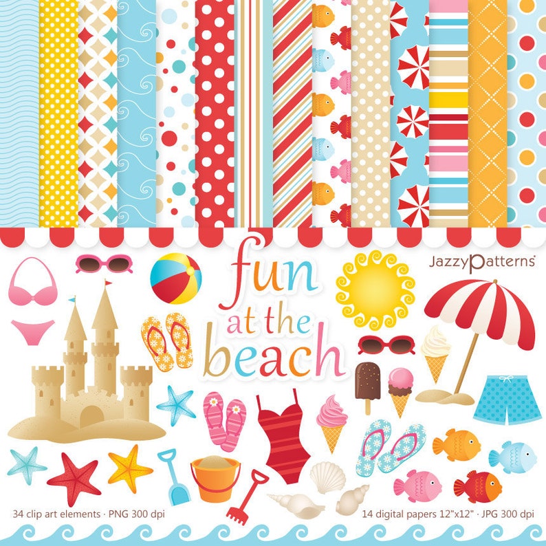 Beach clipart and digital papers, summer backgrounds, instant download image 1