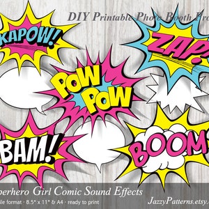 Superheldin Geburtstag Dekoration, Comic Buch Soundeffekte, druckbare Photo Booth Requisiten in rosa, aqua und gelb, sofort Download