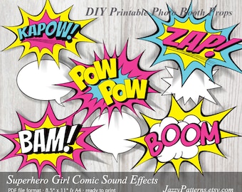 May include: Printable photo booth props featuring comic book sound effects like "BAM!" and "POW!" in pink, yellow, and blue. The props are 8.5 inches by 11 inches and ready to print.