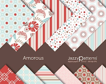 Papel digital floral retro: rojo y azul apagados (descarga digital)