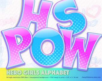 Girly superhero alphabet clipart, comic book letters in pink and blue halftone dots, DIY custom banner, planner stickers, instant download