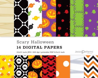May include: A set of 14 digital papers featuring Halloween-themed patterns. The patterns include candy corn, skulls, pumpkins, bats, stitches, and polka dots. The papers are 12x12 inches and 300 dpi.