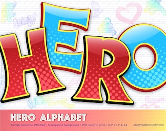 Superhero alphabet clipart, comic book letters in cherry red and light blue, halftone dots, for DIY banner, party decor, instant download