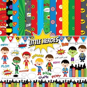 Superheld Clipart und digitales Papier im Comic-Stil zum sofortigen Download