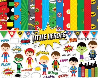 Peut inclure: Un ensemble de 14 papiers numériques et 40 éléments d'art clipart sur le thème des super-héros. Les papiers mesurent 12 pouces sur 12 pouces et 300 dpi. Les éléments d'art clipart comprennent des super-héros, des bulles de dialogue et des paysages urbains. Les papiers présentent une variété de couleurs et de motifs, notamment le rouge, le bleu, le jaune, le vert et le noir. Les éléments d'art clipart sont au format PNG et 300 dpi.