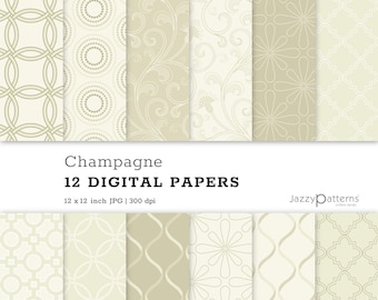 May include: Twelve digital papers in a champagne color scheme with various geometric and floral patterns. The papers are 12 x 12 inches and 300 dpi.