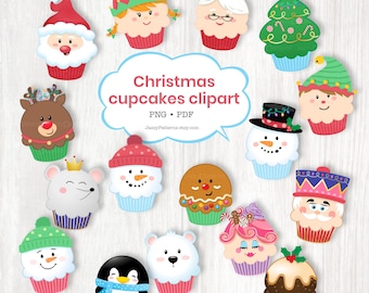 Christmas Cupcakes Clipart: Santa, reindeer, nutcracker, gingerbread, elfs, snowman, mouse, digital download, PNG, SVG