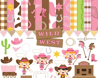 Girly Wild West clip art and digital paper pack, instant download