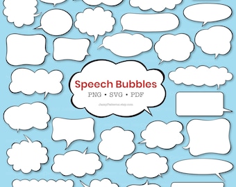 Peut inclure: Un ensemble de 25 bulles de dialogue de formes et de tailles variées, toutes bordées de noir et remplies de blanc. Les bulles sont disposées de manière aléatoire sur un fond bleu clair. Le texte "Speech Bubbles" est écrit en gros caractères gras dans une bulle en forme de nuage blanc au centre de l'image. Le texte "PNG - SVG - PDF" est écrit en caractères plus petits sous le titre. Le texte "JazzyPatterns.etsy.com" est écrit en caractères encore plus petits sous les types de fichiers.