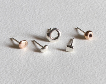 Zero Waste Mixed Shapes studs combo - Two-tone sterling silver and bronze stud earrings set