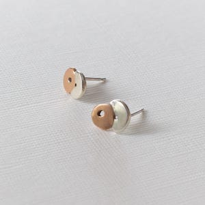 Merging Links Studs Pair - Abstract organic sterling silver and bronze, two-tone stud earrings
