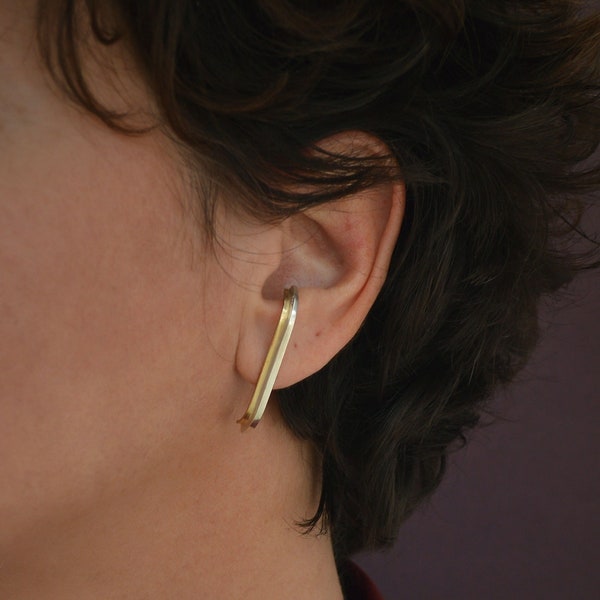 Two-tone suspender earrings - Mixed metals ear lobe cuff earrings - Minimalist sterling silver and brass suspender earrings