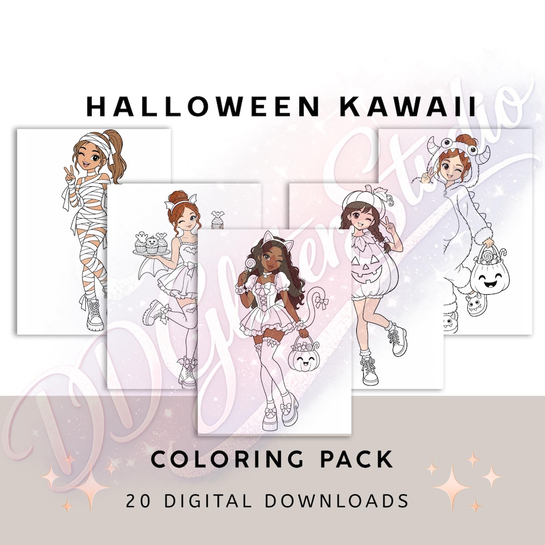 Kawaii Halloween Coloring Pages for Kids, Cute Ghost Pumpkin Witch ...