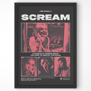 May include: Black framed movie poster for the film "Scream." The poster features the title in white, with red and black imagery of scenes from the movie. Text includes "A Wes Craven Film" and "To survive a horror movie, you have to abide by the rules."