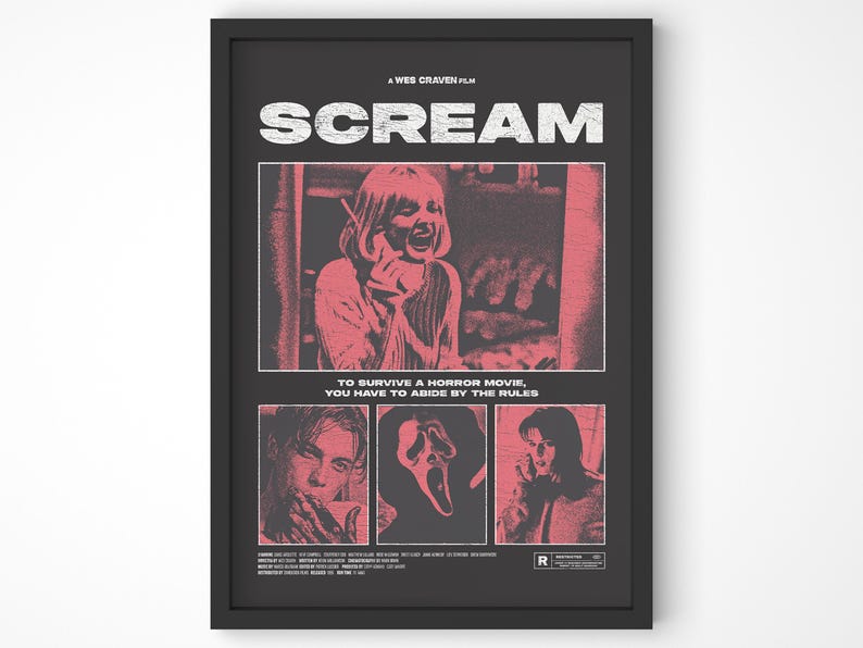 May include: Black framed movie poster for the film "Scream." The poster features the title in white, with red and black imagery of scenes from the movie. Text includes "A Wes Craven Film" and "To survive a horror movie, you have to abide by the rules."