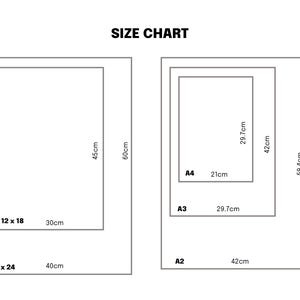 May include: A size chart with dimensions in inches and centimeters. The chart displays rectangular shapes labeled with sizes like 12 x 18 inches (30cm) and 16 x 24 inches (40cm), along with A3, A4, and A2 paper sizes. The text "SIZE CHART" is at the top.