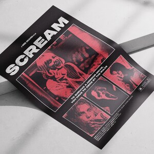 May include: A black poster with the title "SCREAM" in large white letters. The poster features red and black images from the horror movie, including a screaming figure and the iconic Ghostface mask. Text reads "TO SURVIVE A HORROR MOVIE, YOU HAVE TO ABIDE BY THE RULES."