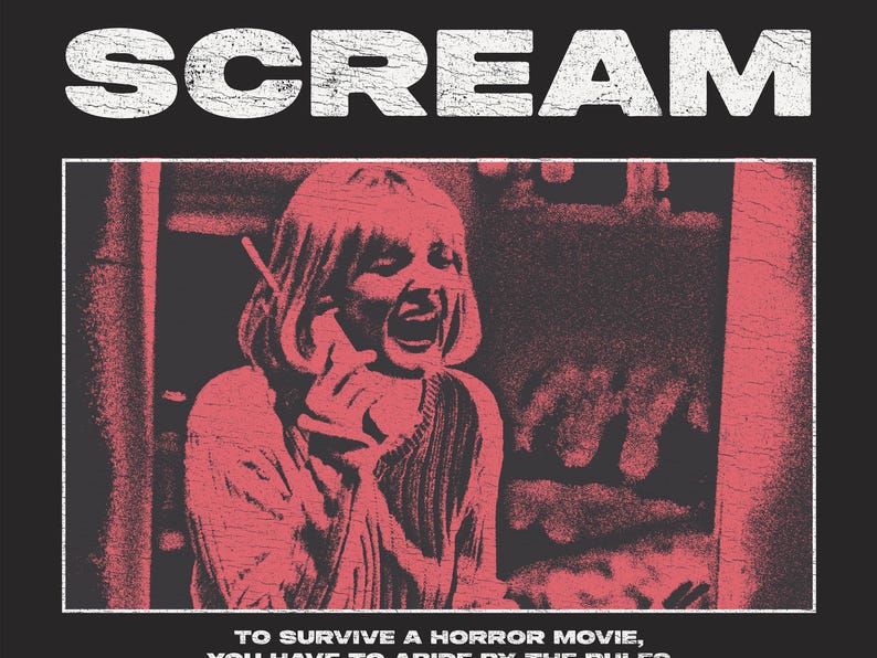 May include: Black poster with the word "SCREAM" in distressed white font. A red and black image of a woman screaming while holding a phone is in the center. The text "TO SURVIVE A HORROR MOVIE, YOU HAVE TO ABIDE BY THE RULES" is at the bottom.