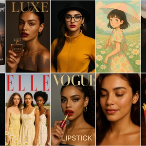 May include: A collection of images including a product box, a woman with perfume, a woman in glasses, an anime character, a white sports car, a man, magazine covers, and a burger with chips and a drink.