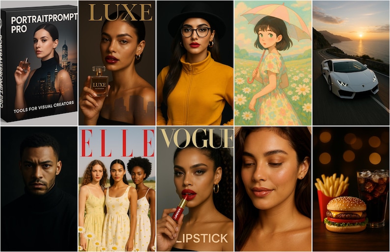 May include: A collection of images including a product box, a woman with perfume, a woman in glasses, an anime character, a white sports car, a man, magazine covers, and a burger with chips and a drink.