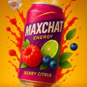 May include: A brightly coloured image of a MAXCHAT ENERGY drink can, berry citrus flavour. The can is pink with the brand name and flavour details. Fresh raspberries, blueberries, and a lime slice are shown, with water splashes and an ice cube.