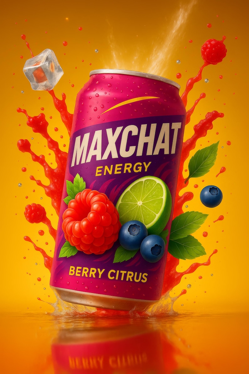 May include: A brightly coloured image of a MAXCHAT ENERGY drink can, berry citrus flavour. The can is pink with the brand name and flavour details. Fresh raspberries, blueberries, and a lime slice are shown, with water splashes and an ice cube.