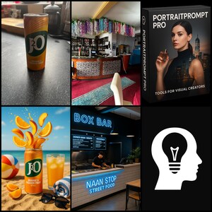 May include: A multi-image composition. It includes a J2O Orange & Passion Fruit can, a bar interior, a PortraitPrompt Pro product box, a beach scene with J2O, and a restaurant with "Box Bar" and "Naan Stop Street Food" signage.