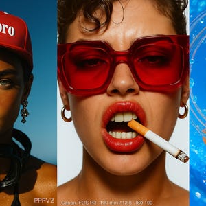 May include: A composite image with three portraits. The first shows a person wearing a red "Marlboro" cap and a black diving mask. The second shows a person with red sunglasses and a cigarette in their mouth. The third shows a person drinking from a blue cup with a blue straw.