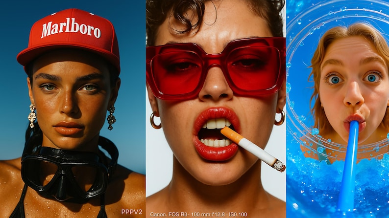May include: A composite image with three portraits. The first shows a person wearing a red "Marlboro" cap and a black diving mask. The second shows a person with red sunglasses and a cigarette in their mouth. The third shows a person drinking from a blue cup with a blue straw.