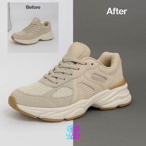 May include: A beige athletic shoe with a chunky sole. The shoe features a mesh toe box, suede overlays, and a padded collar. The sole is off-white with a brown outsole. The shoe is shown in a before and after comparison.