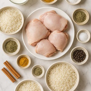 May include: An overhead view of ingredients for a meal, including raw chicken thighs on a white plate, bowls of rice, spices, and a glass of milk. Cinnamon sticks and peppercorns are also visible.