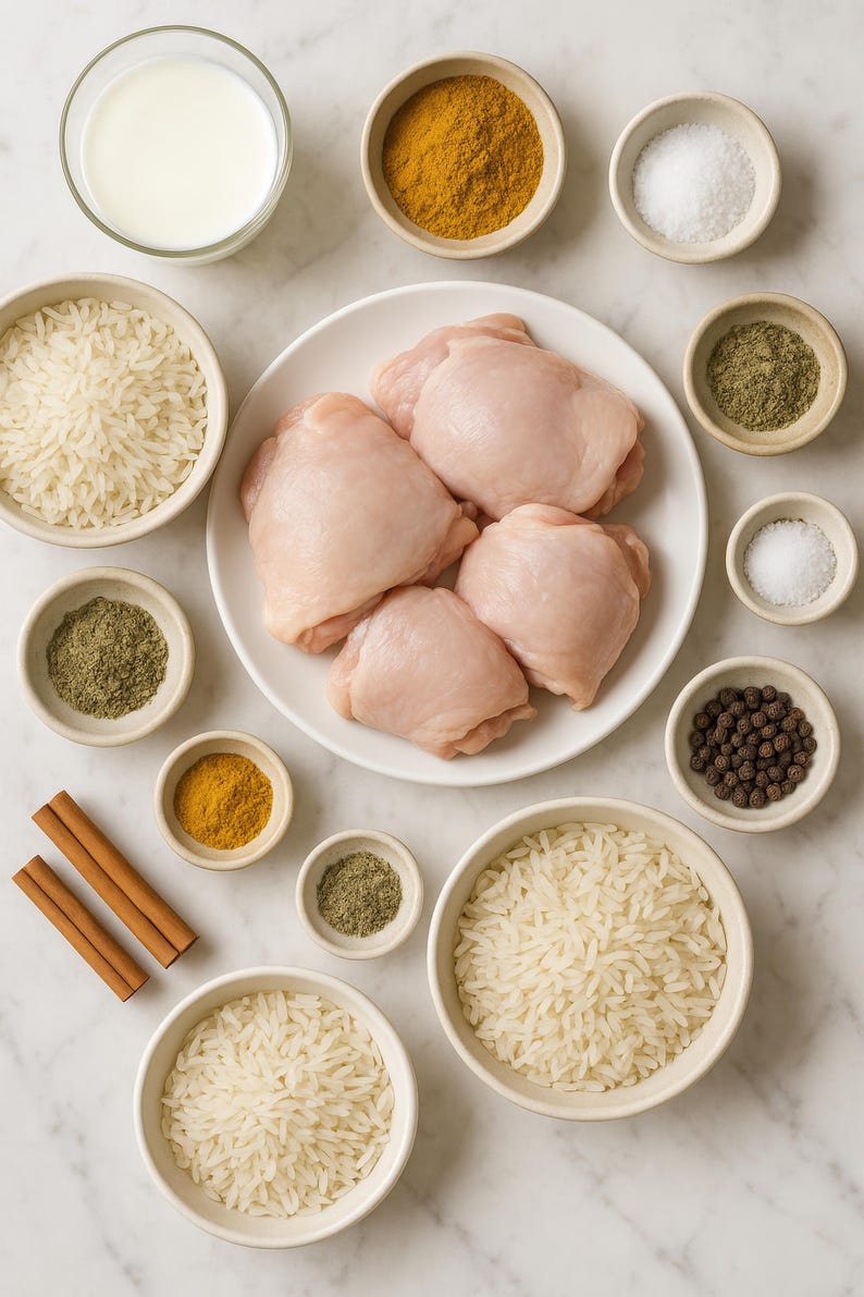 May include: An overhead view of ingredients for a meal, including raw chicken thighs on a white plate, bowls of rice, spices, and a glass of milk. Cinnamon sticks and peppercorns are also visible.