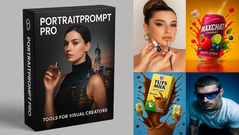 May include: A black box labelled "PORTRAITPROMPT PRO" with the tagline "TOOLS FOR VISUAL CREATORS". The box shows a woman holding a perfume bottle, with a city skyline behind her. Other images include a woman applying lipstick, a can of "MAXCHAT ENERGY", and a carton of "TUTS MILK".