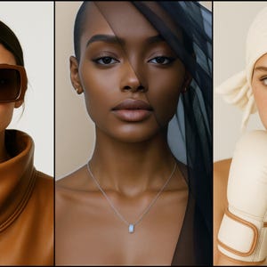 May include: A triptych of portraits. The first shows a person wearing brown sunglasses and a brown turtleneck. The second features a person with a silver necklace and a black veil. The third shows a person with a white headscarf and boxing gloves.